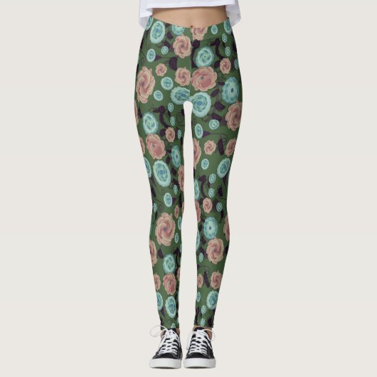 Turquoise en Roze Bloem Leggings (Voorkant)
