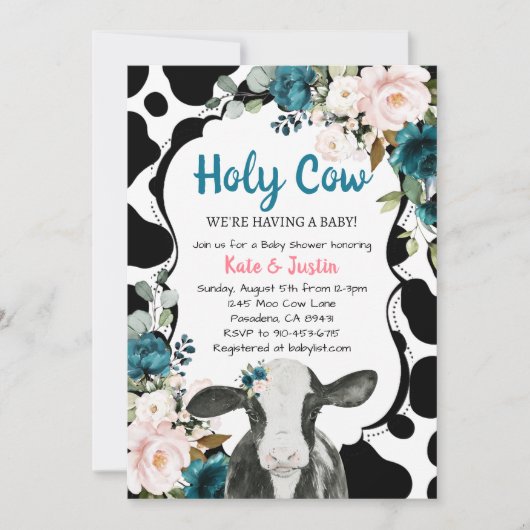 Turquoise en Roze Bloemen Heilige Koe Baby shower Kaart (Voorkant)