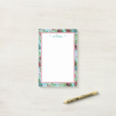 Turquoise en roze bloemen post-it® notes (Op bureau)