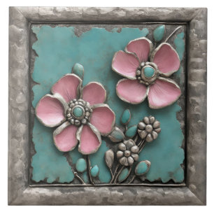 Turquoise en roze bloemkunst met zilveren lijst tegeltje