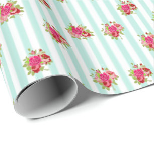 Turquoise en Roze Bloemrijke Chic Rozen shabby  Ca Cadeaupapier