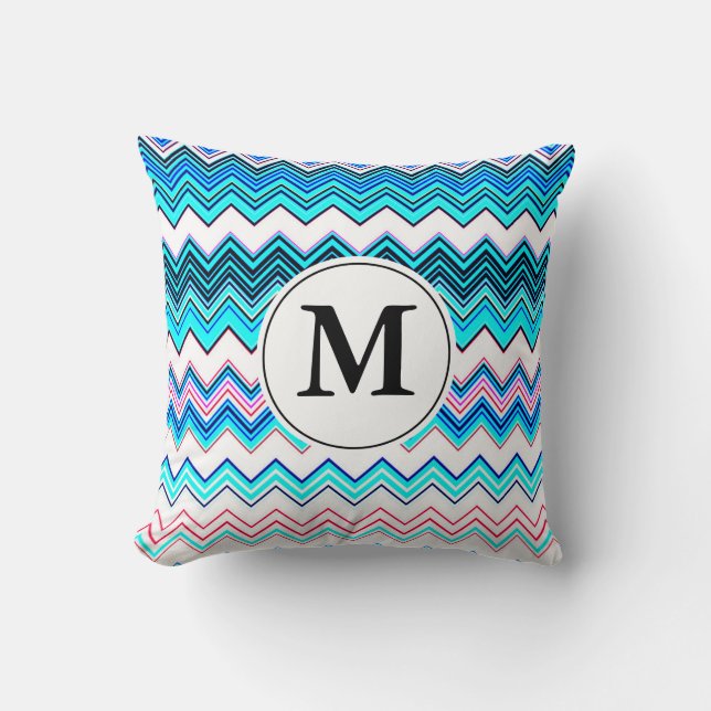Turquoise en Roze Chevron met aangepast monogram Kussen (Voorkant)