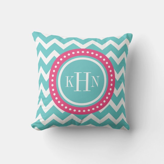 Turquoise en roze Chevron Monogram Kussen (Voorkant)