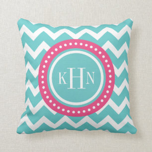 Turquoise en roze Chevron Monogram Kussen