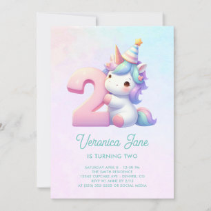 Turquoise en Roze Cute Eenhoorn 2e Verjaardag Kaart