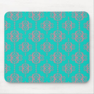 Turquoise en roze damastpatroon muismat