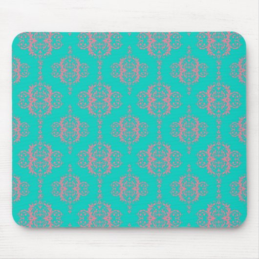 Turquoise en roze damastpatroon muismat (Voorkant)