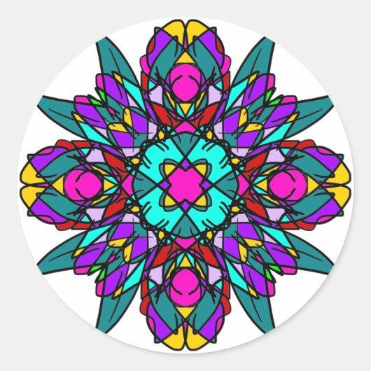 Turquoise en roze Glas in lood Mandala Ronde Sticker (Voorkant)