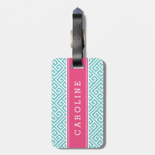Turquoise en Roze Grieks Zeer belangrijk Monogram  Bagagelabel (Achterkant verticaal)