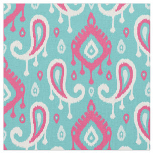 Turquoise en roze Ikat Paisley Stof