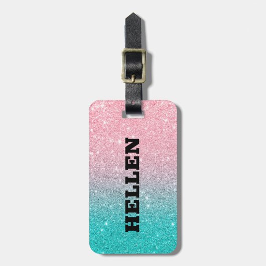 Turquoise en roze ombre faux glitter bagagelabel (Voorkant verticaal)