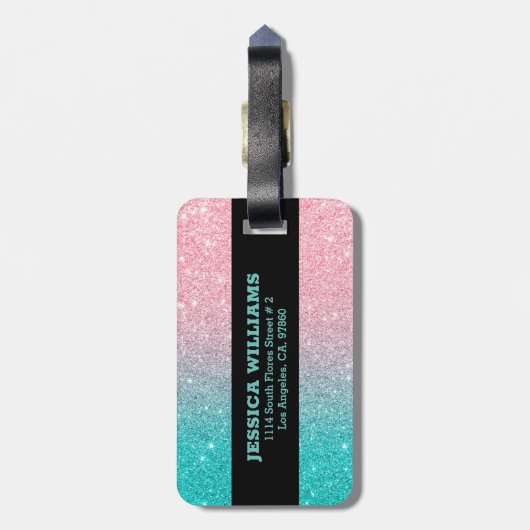 Turquoise en roze ombre faux glitter bagagelabel (Achterkant verticaal)