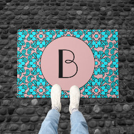 Turquoise en roze paisleys monogram deurmat