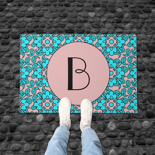 Turquoise en roze paisleys monogram deurmat