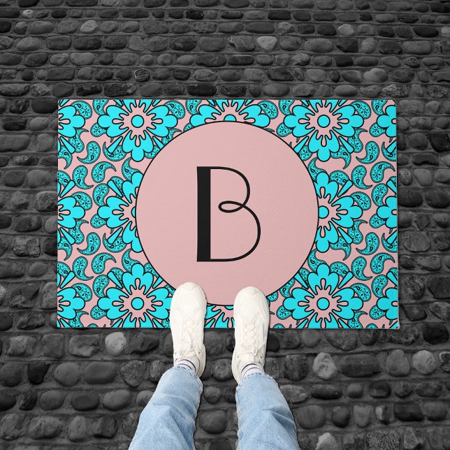Turquoise en roze paisleys monogram deurmat (Creator heeft geüpload)