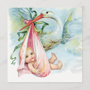 Turquoise en Roze Vintage Ooievaar Baby Shower Kaart