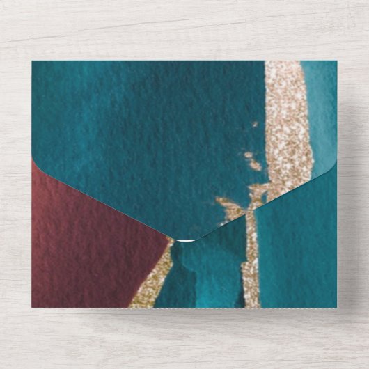 Turquoise en Rust Gold Alcohol Ink Wedding All In One Uitnodiging (Achterkant)