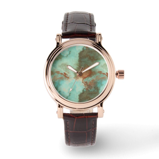 Turquoise en Rust Marmer Abstract Horloge (Voorkant)