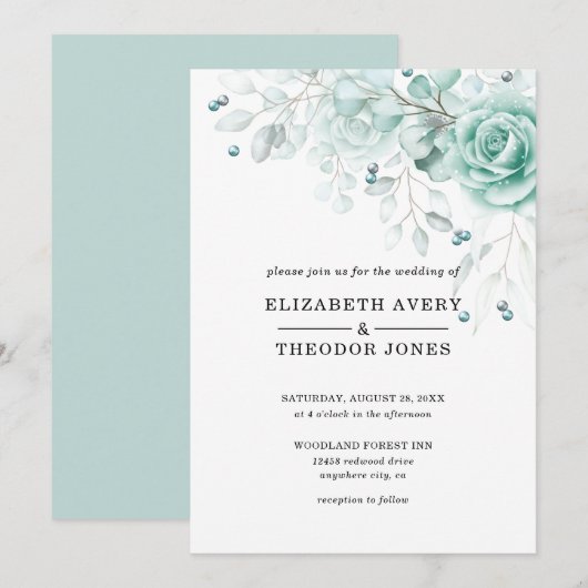 Turquoise en sage greens Floral Wedding Invitation Kaart (Voorkant / Achterkant)