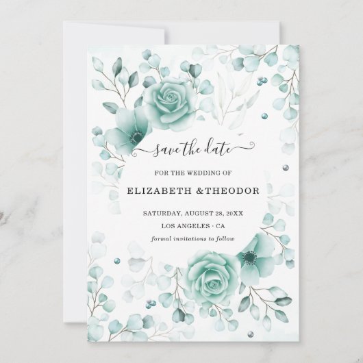 Turquoise en salie greens Bruiloft Save The Date (Voorkant)