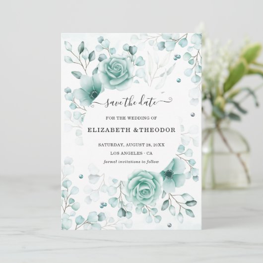 Turquoise en salie greens Bruiloft Save The Date (Staand voorkant)