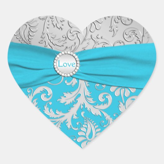 Turquoise en Silver Damask Heart Shaped Sticker (Voorkant)