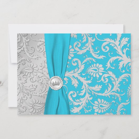 Turquoise en Silver Damask Quinceanera Invitation Kaart (Voorkant)