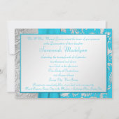 Turquoise en Silver Damask Quinceanera Invitation Kaart (Achterkant)