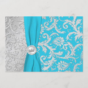 Turquoise en Silver Damask Quinceanera Invitation Kaart