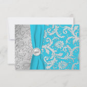 Turquoise en Silver Damask Quinceanera RSVP-kaart RSVP Kaartje (Voorkant)