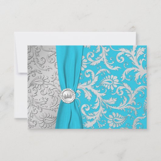 Turquoise en Silver Damask Quinceanera RSVP-kaart RSVP Kaartje (Voorkant)