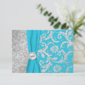 Turquoise en Silver Damask Quinceanera RSVP-kaart RSVP Kaartje (Staand voorkant)