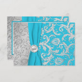 Turquoise en Silver Damask Quinceanera RSVP-kaart RSVP Kaartje (Voorkant / Achterkant)