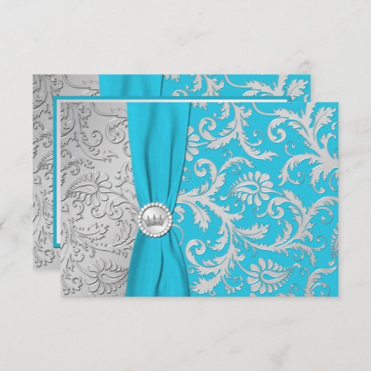 Turquoise en Silver Damask Quinceanera RSVP-kaart RSVP Kaartje (Voorkant / Achterkant)