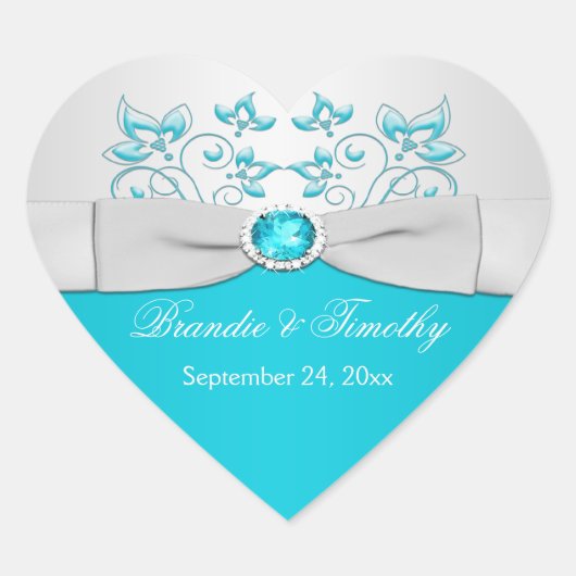 Turquoise en Silver Floral Heart Shaped Sticker (Voorkant)