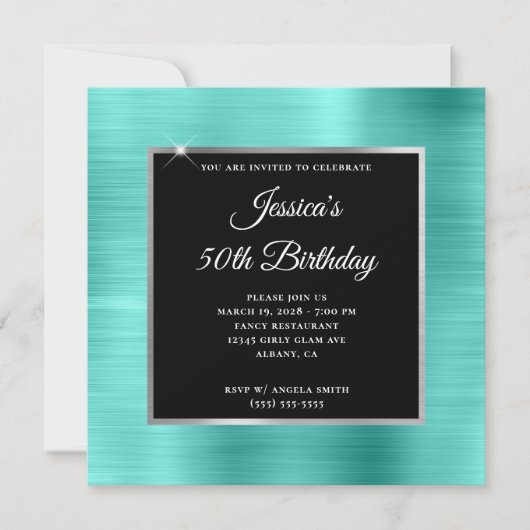 Turquoise en Silver Foil Black 50th Birthday Kaart (Voorkant)