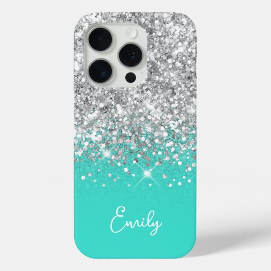 Turquoise en Silver Glitter Glam Case-Mate iPhone Case (Achterkant)