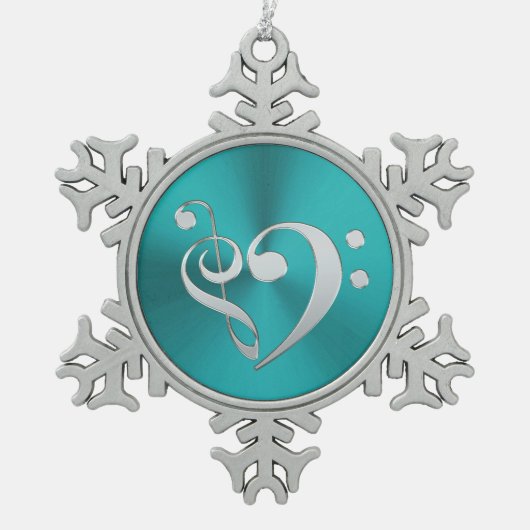 Turquoise en Silver Music Clef Heart Tin Sneeuwvlok Ornament (Voorkant)