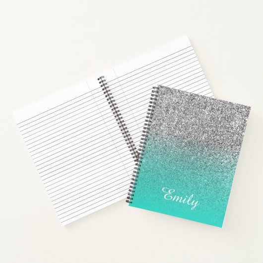 Turquoise en Silver Ombre Glitter Personalized Notitieboek (Binnen)