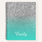 Turquoise en Silver Ombre Glitter Personalized Notitieboek (Voorkant)