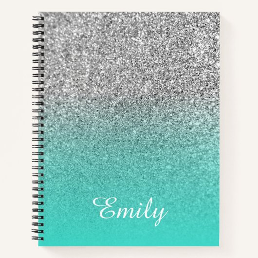 Turquoise en Silver Ombre Glitter Personalized Notitieboek (Voorkant)