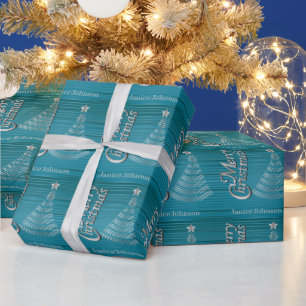 Turquoise en Silver Scribble-kerstboom Cadeaupapier