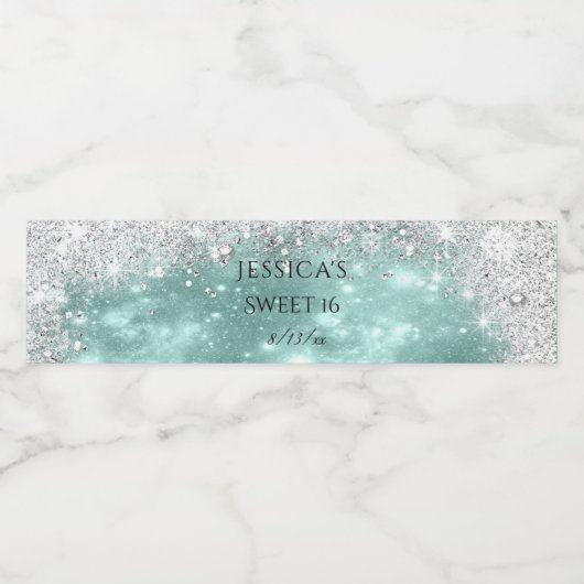 Turquoise en Silver Sparking Glitter Sweet 16 Waterfles Etiket (Enkel label)