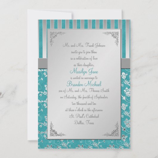 Turquoise en Silver Vine Monogrammed Invitation Kaart (Achterkant)
