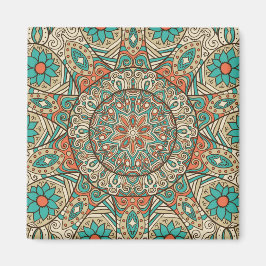 Turquoise en Tan Floral Mandela Magneet