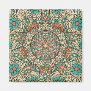 Turquoise en Tan Floral Mandela Magneet
