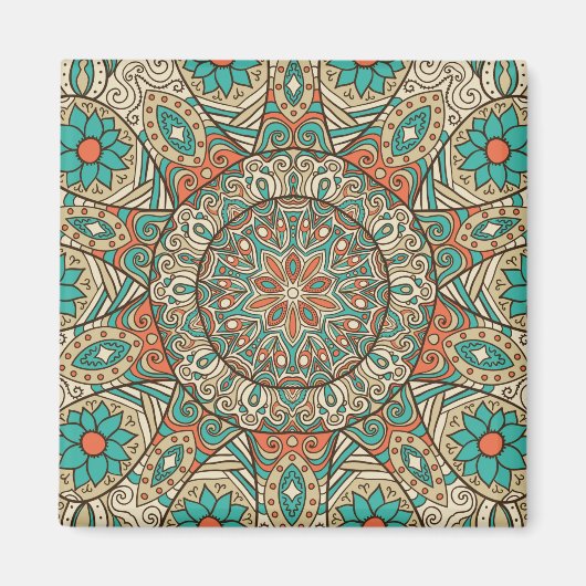 Turquoise en Tan Floral Mandela Magneet (Voorkant)