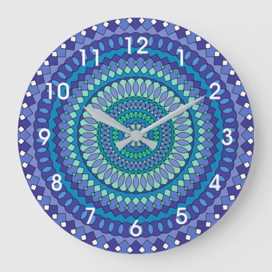 Turquoise en tealblauwe mandala grote klok (Voorkant)