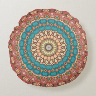 Turquoise en Terracotta Geometrisch Mandala Patroo Rond Kussen