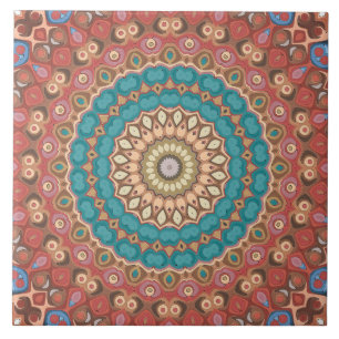 Turquoise en Terracotta Geometrisch Mandala Patroo Tegeltje